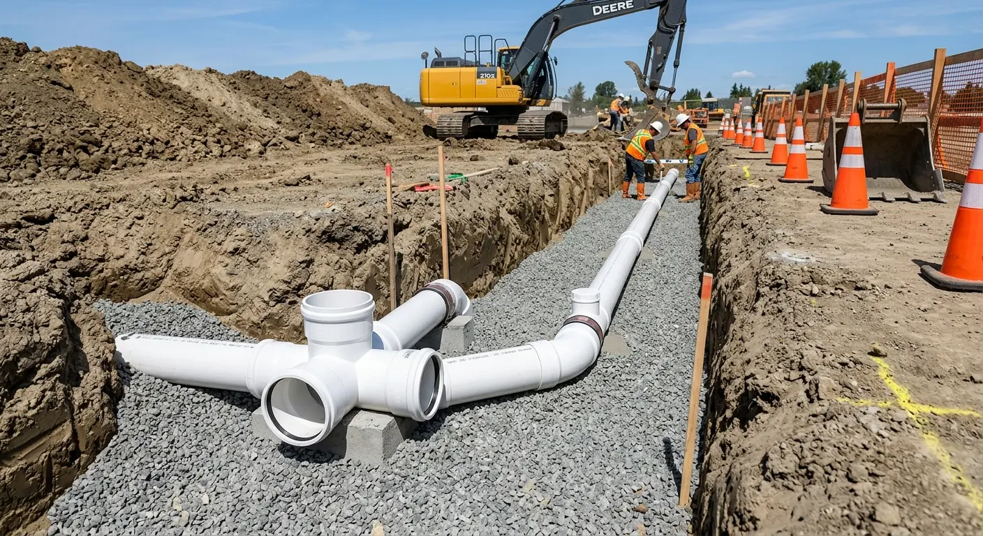 New PVC sewer pipe installation in open trench for Sewer Backup in Silverthorne