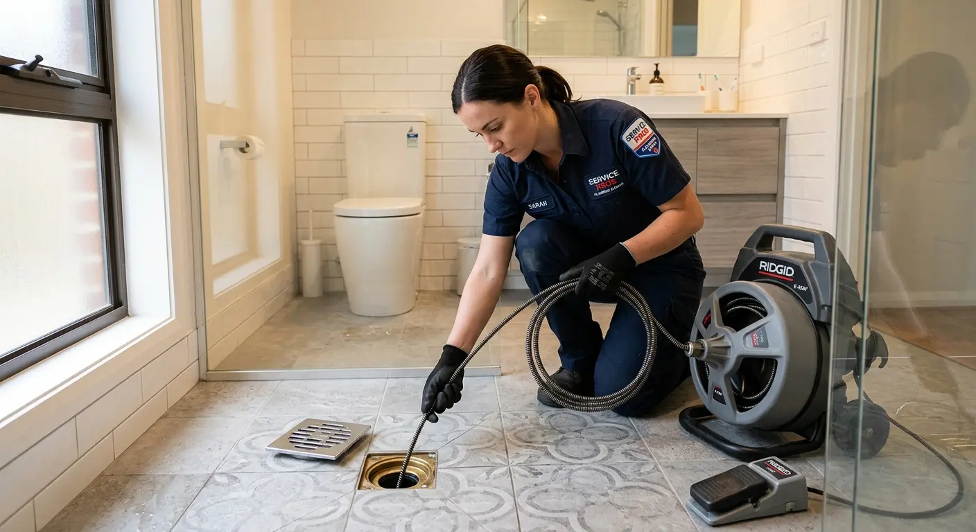 Technician clearing a bathroom floor drain for Drain Cleaning in Silverthorne